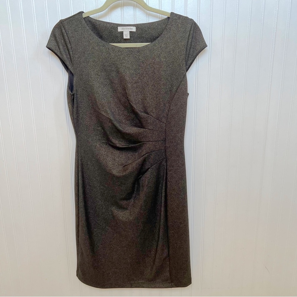 Boston Proper Black & Gold Spakle Cap Sleeve Ruched Waist Sheath Dress Sz Small